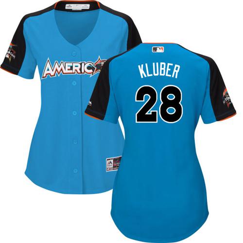 Indians #28 Corey Kluber Blue All-Star American League Women's Stitched MLB Jersey - Click Image to Close